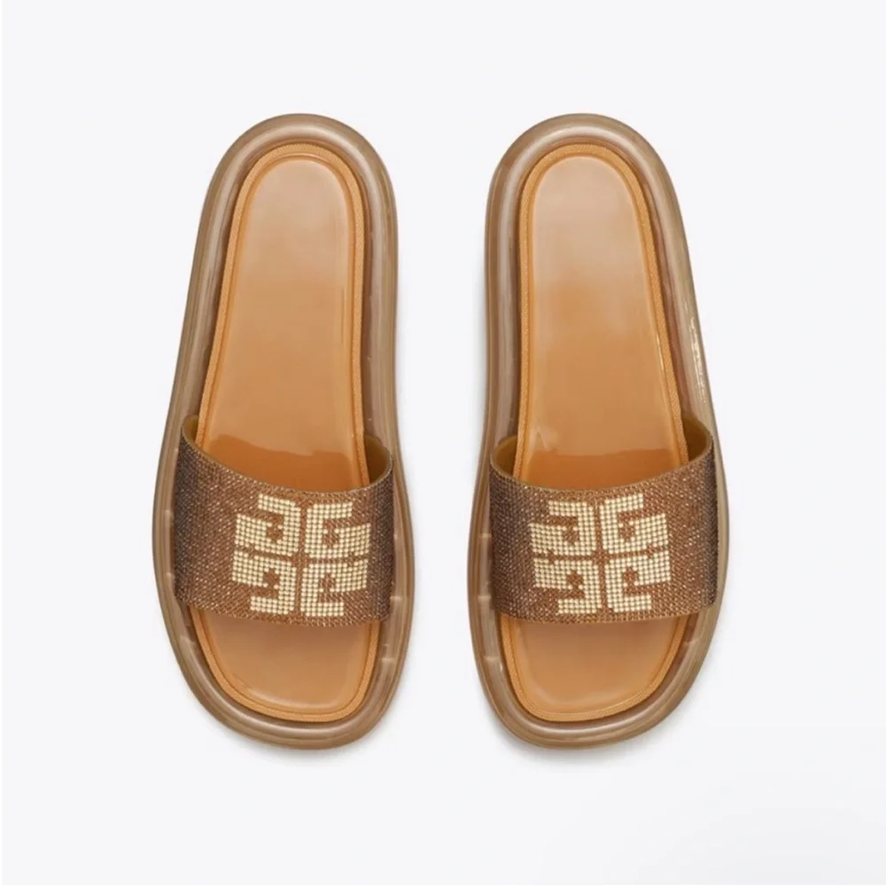 Tory Burch Brown and Gold Logo Slide Sandals